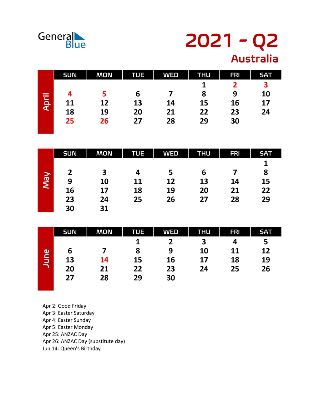 Q2 2021 Quarterly Calendar for Australia