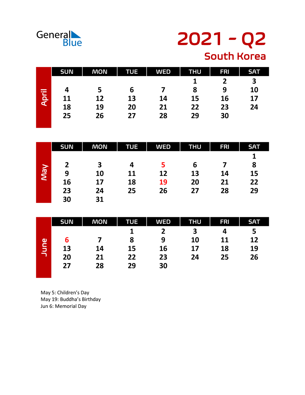  Q2 2021 Calendar with Holidays