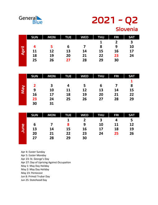  Q2 2021 Calendar with Holidays