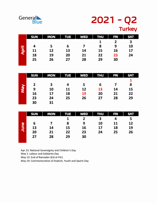 Q2 2021 Calendar with Holidays