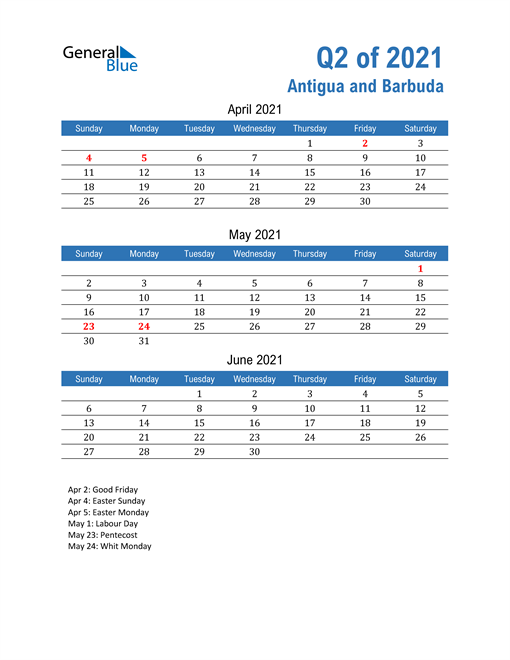  Antigua and Barbuda 2021 Quarterly Calendar 