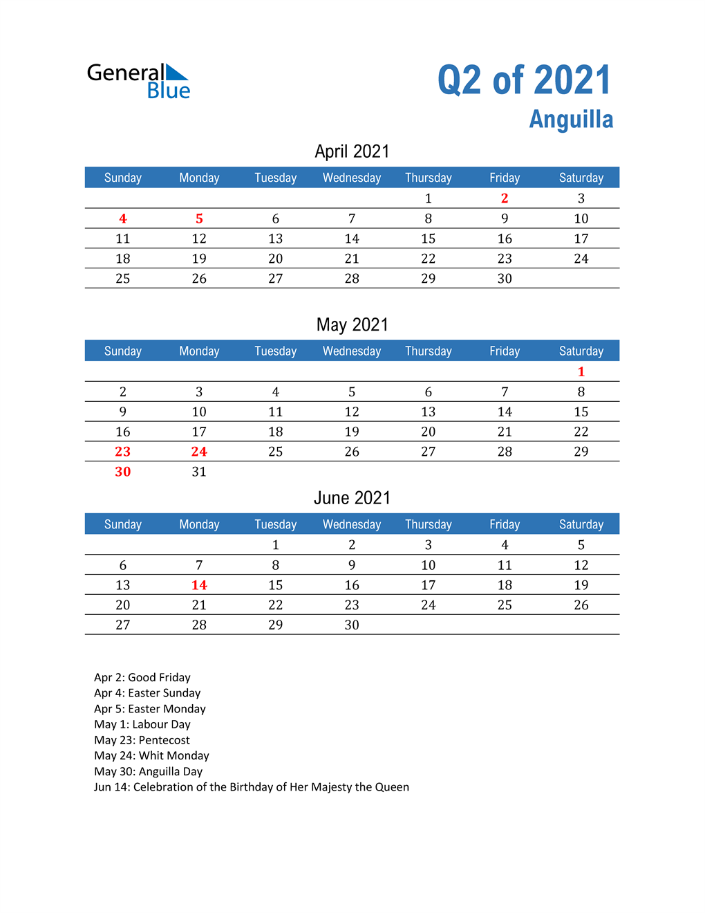  Anguilla 2021 Quarterly Calendar 