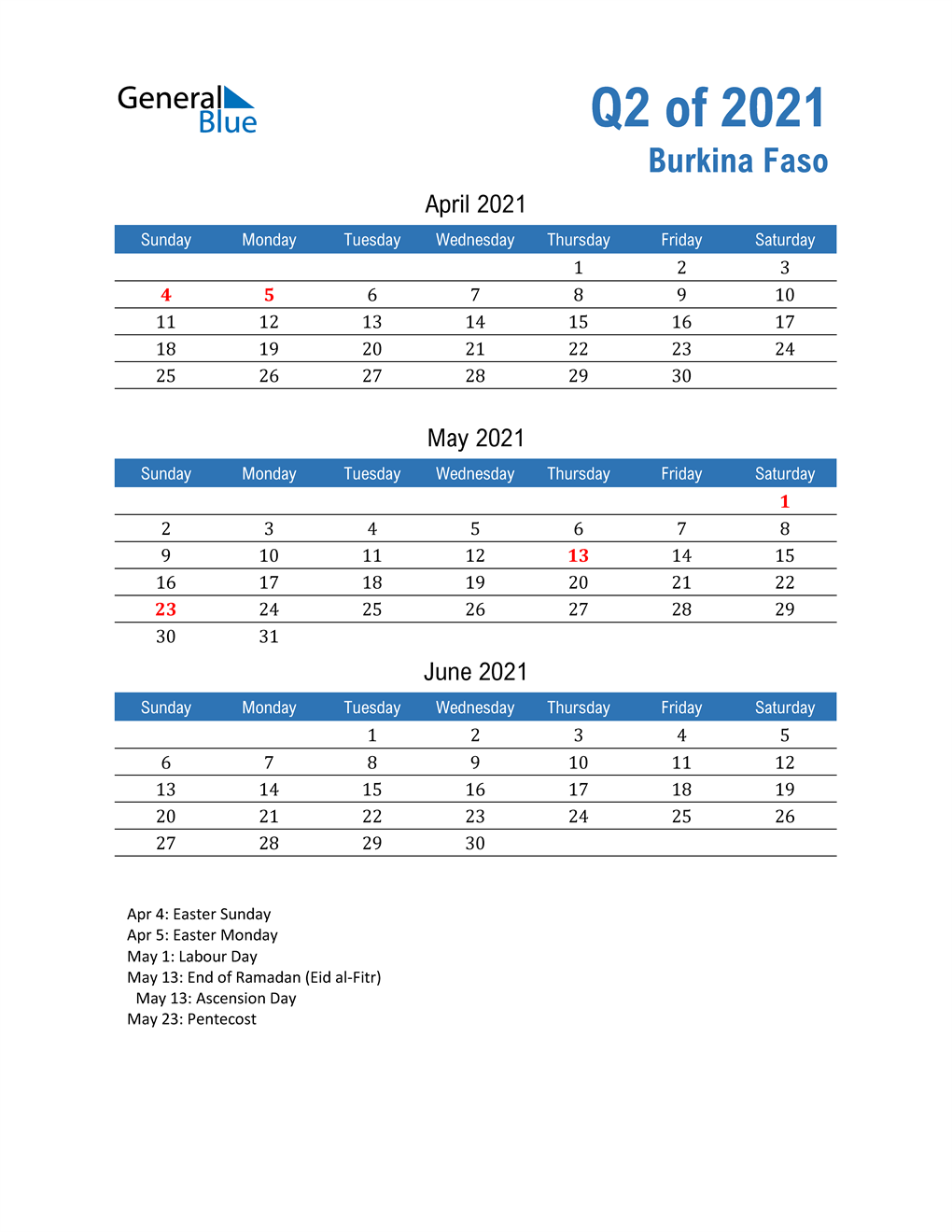  Burkina Faso 2021 Quarterly Calendar 