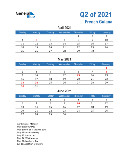  French Guiana 2021 Quarterly Calendar 
