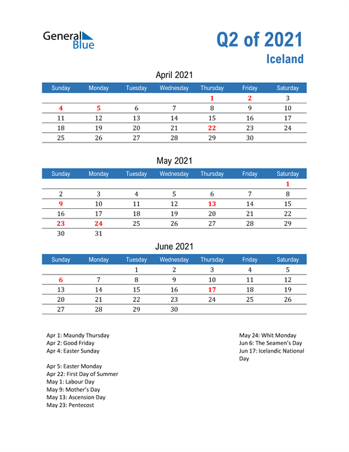  Iceland 2021 Quarterly Calendar 