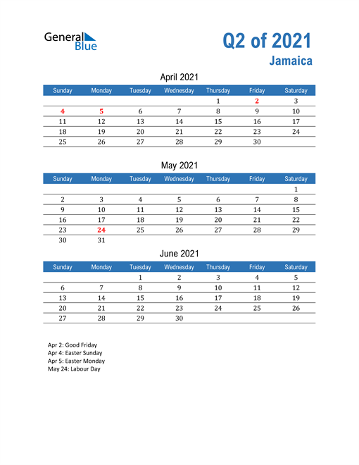  Jamaica 2021 Quarterly Calendar 