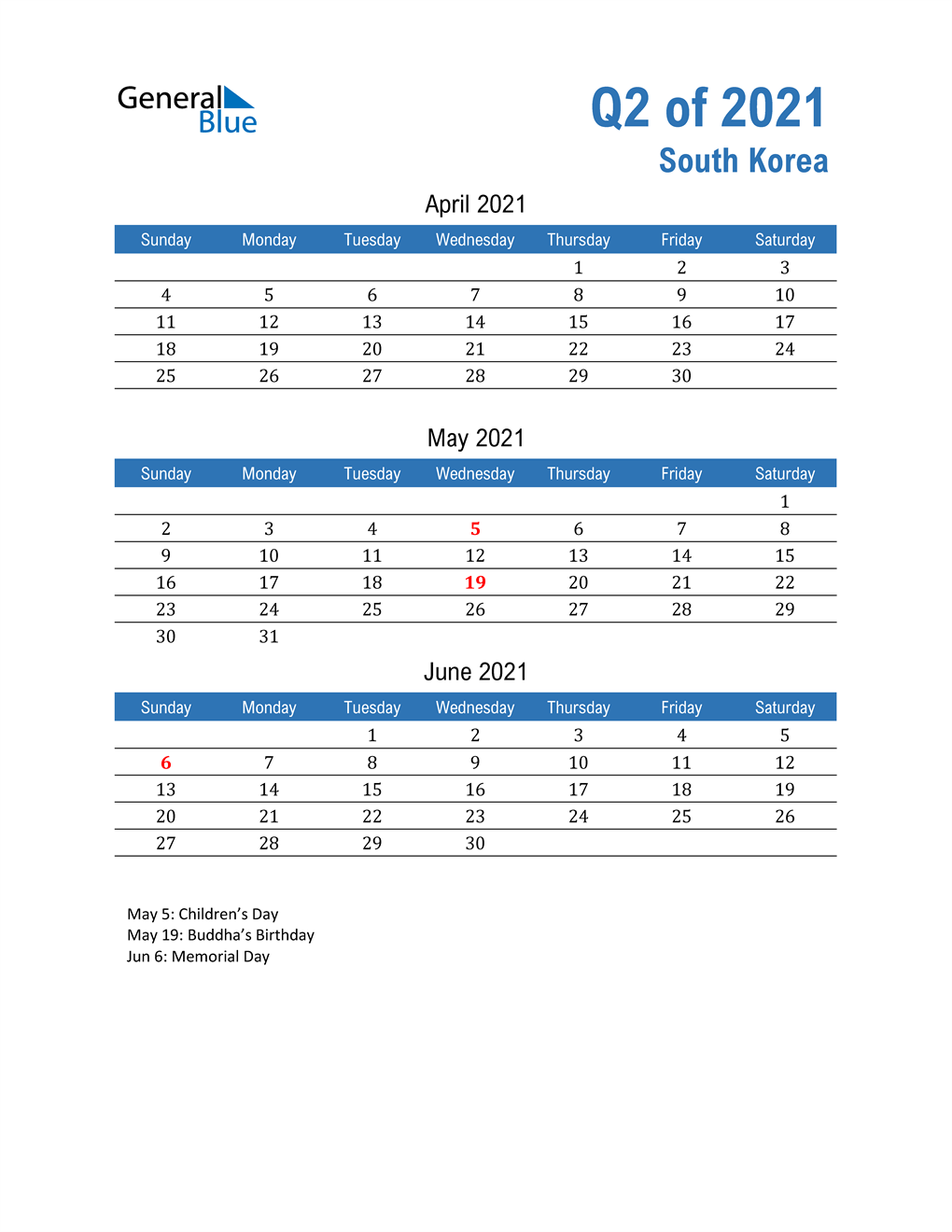  South Korea 2021 Quarterly Calendar 
