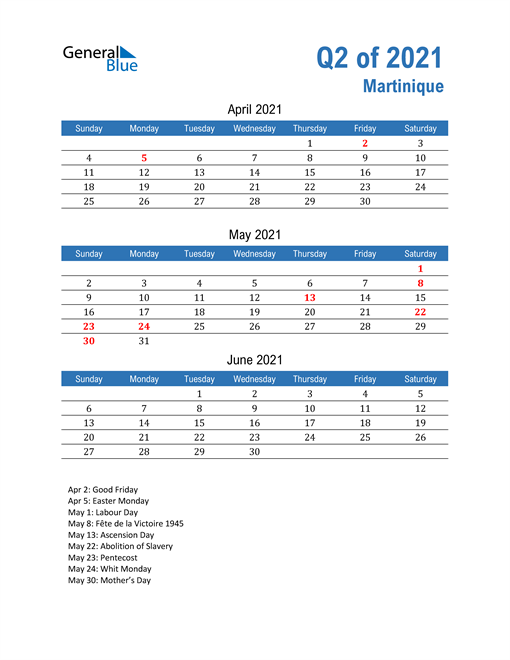  Martinique 2021 Quarterly Calendar 