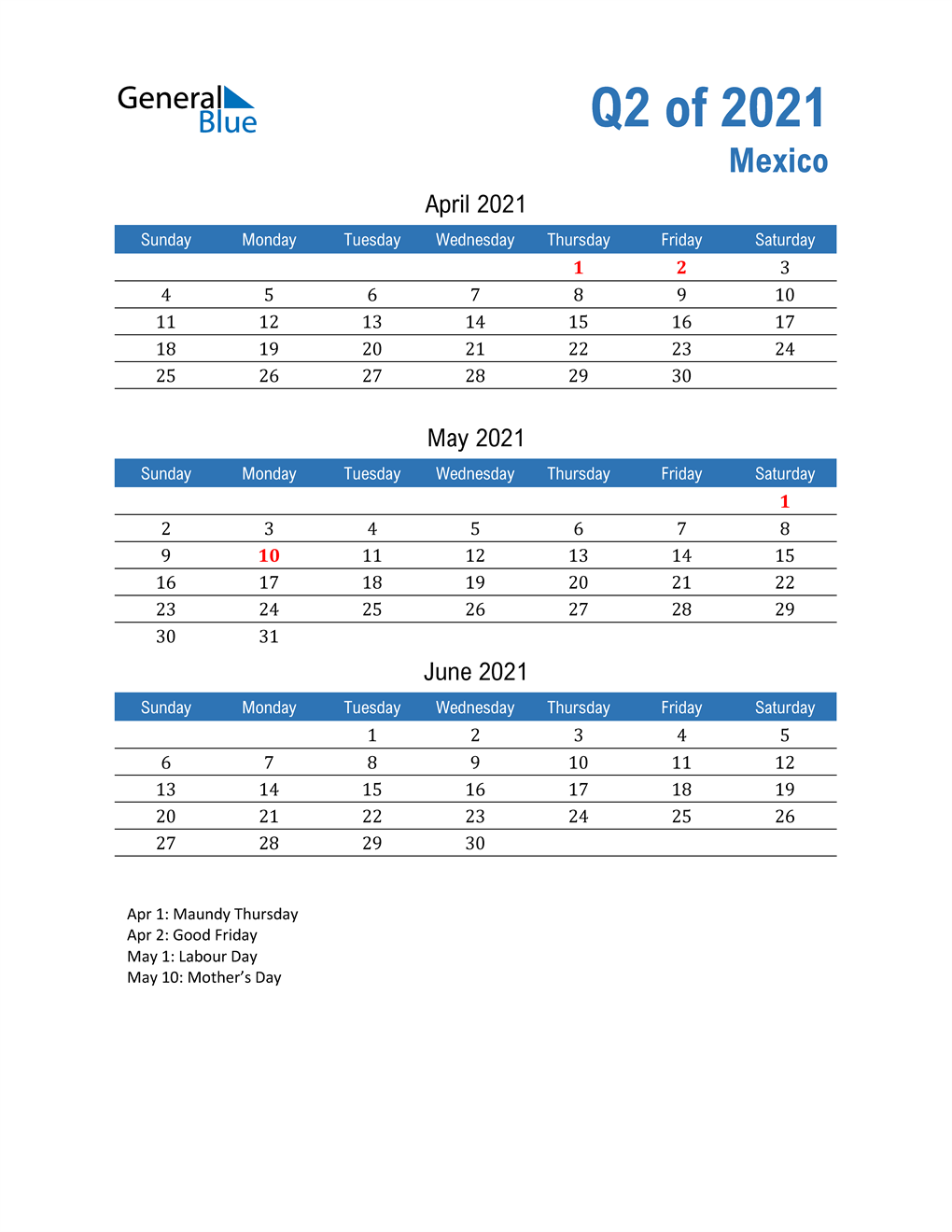  Mexico 2021 Quarterly Calendar 