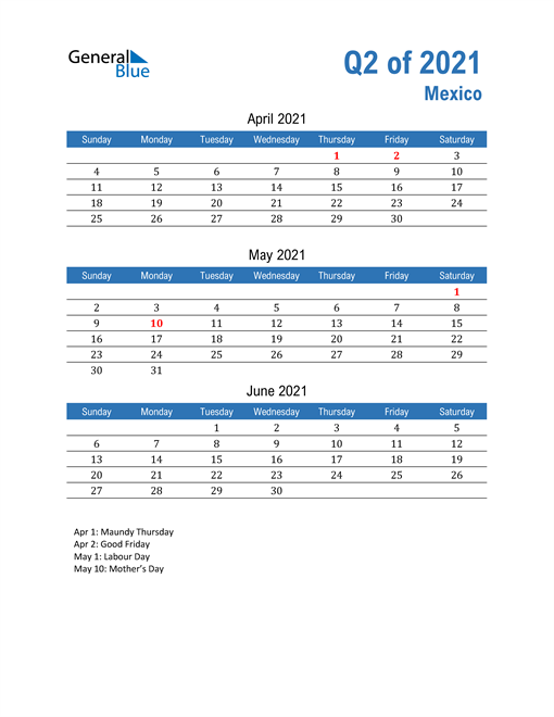  Mexico 2021 Quarterly Calendar 