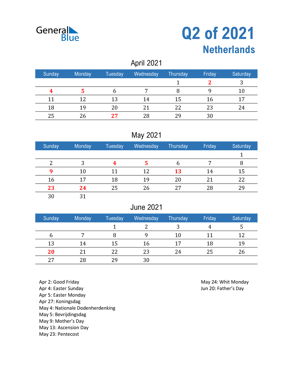  Netherlands 2021 Quarterly Calendar 