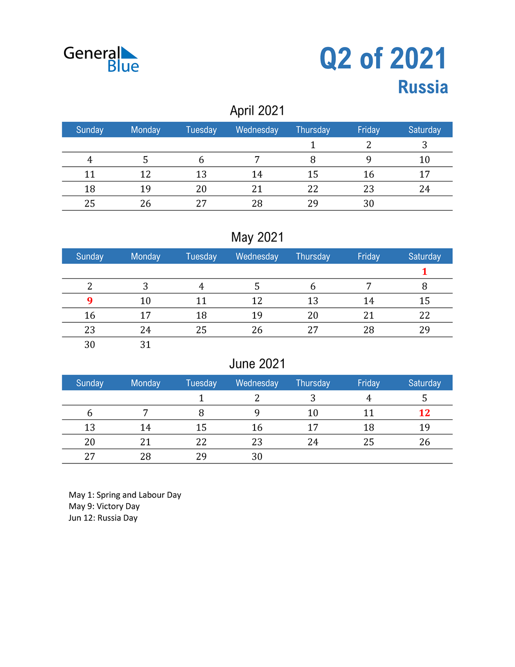  Russia 2021 Quarterly Calendar 