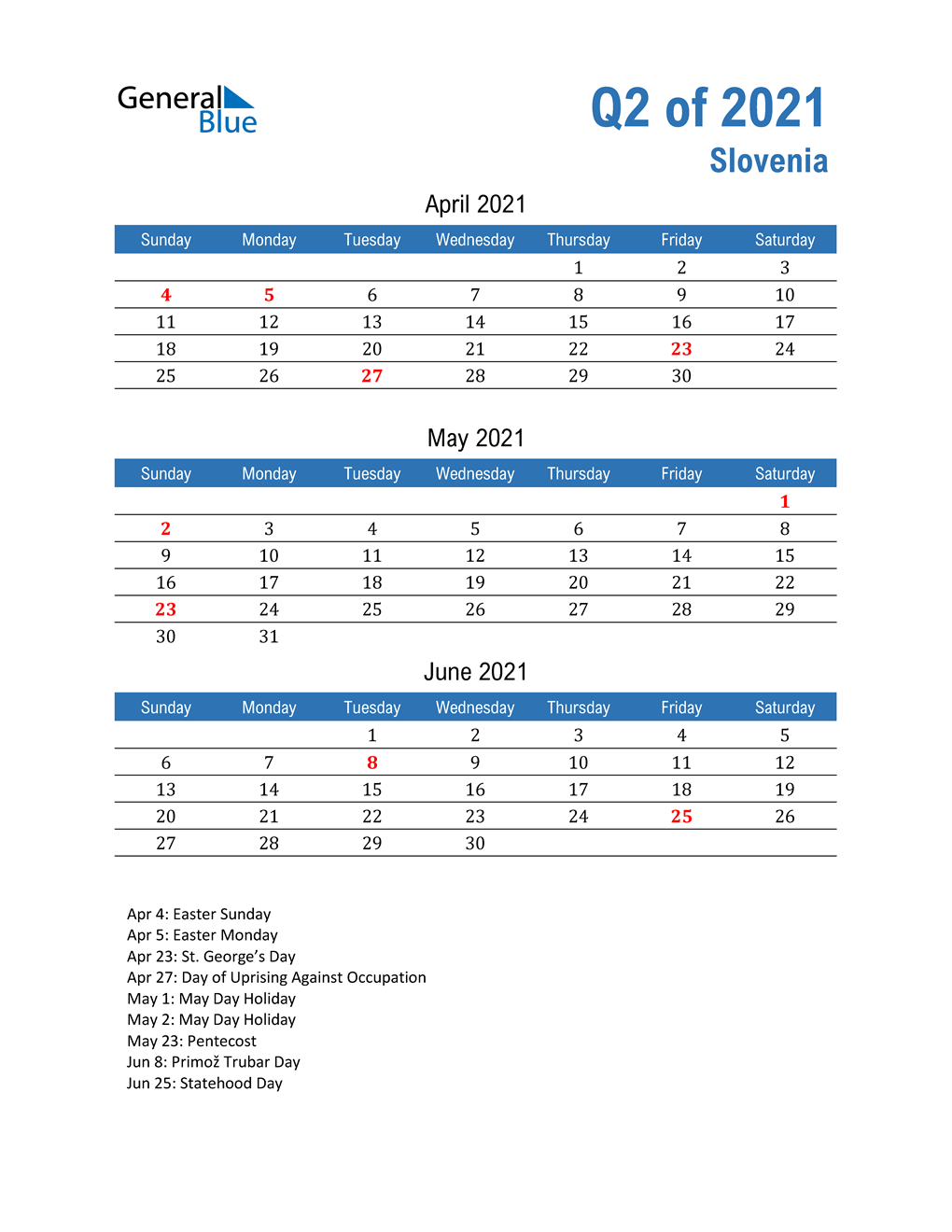  Slovenia 2021 Quarterly Calendar 