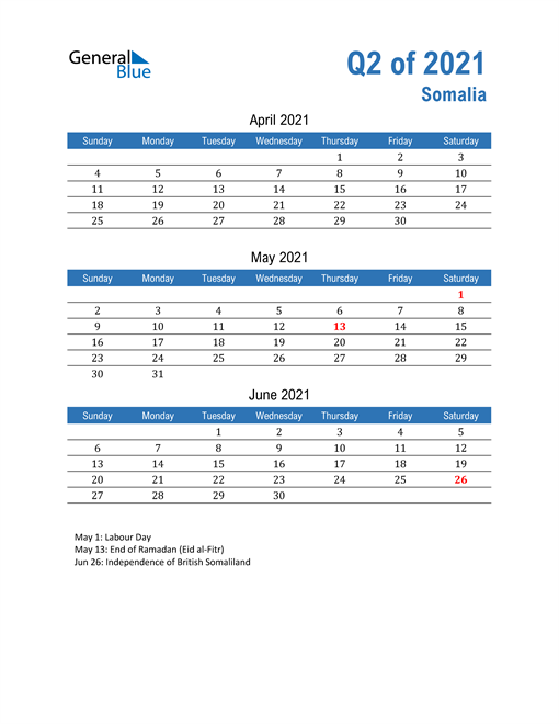  Somalia 2021 Quarterly Calendar 