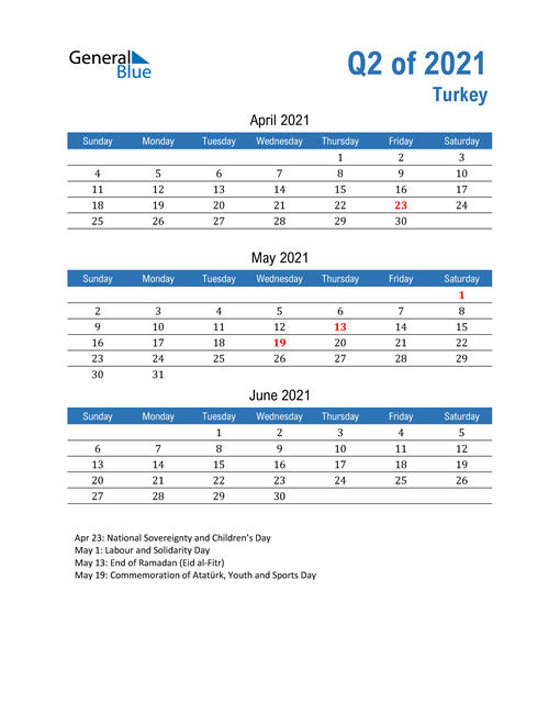  Turkey 2021 Quarterly Calendar 