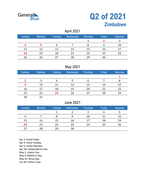  Zimbabwe 2021 Quarterly Calendar 