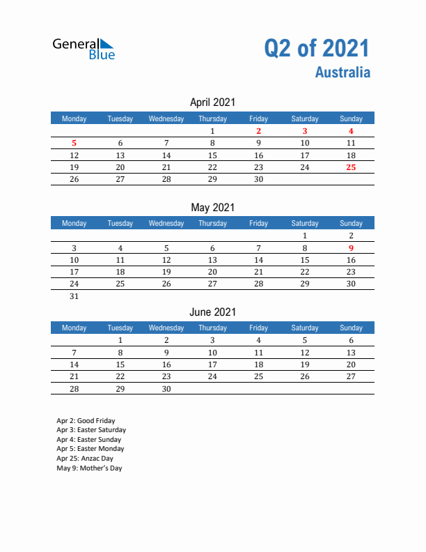 Australia 2021 Quarterly Calendar with Monday Start