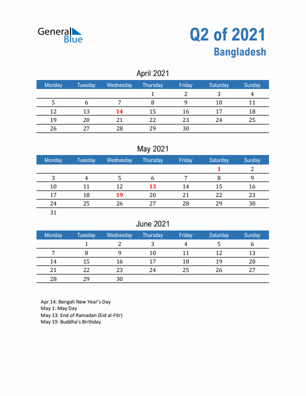 Bangladesh 2021 Quarterly Calendar with Monday Start