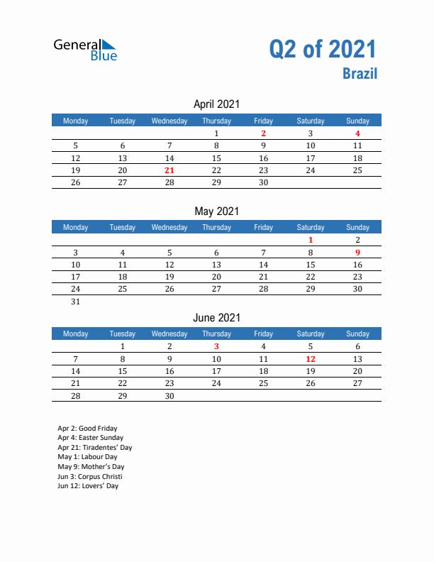 Brazil 2021 Quarterly Calendar with Monday Start