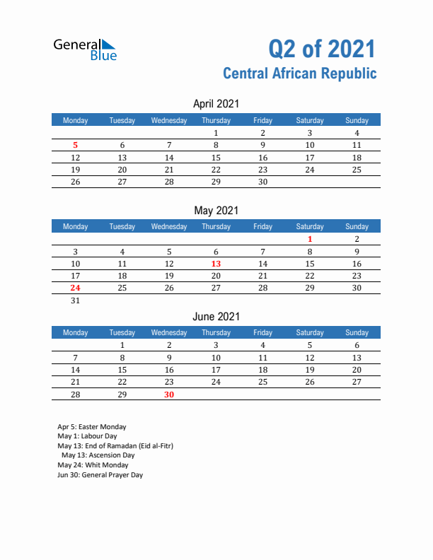 Central African Republic 2021 Quarterly Calendar with Monday Start