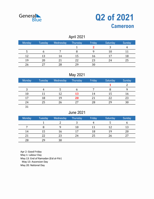 Cameroon 2021 Quarterly Calendar with Monday Start