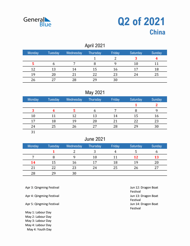 China 2021 Quarterly Calendar with Monday Start