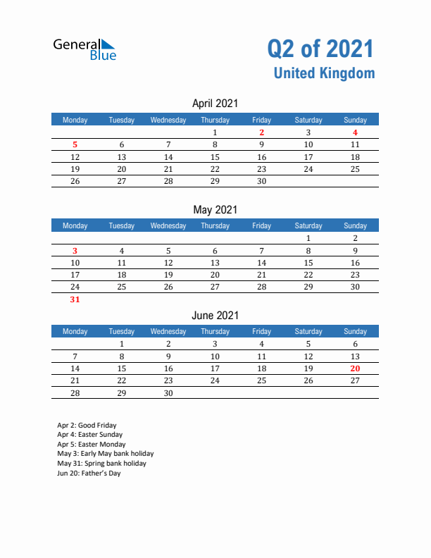 United Kingdom 2021 Quarterly Calendar with Monday Start