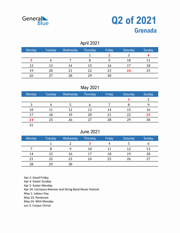 Grenada 2021 Quarterly Calendar with Monday Start
