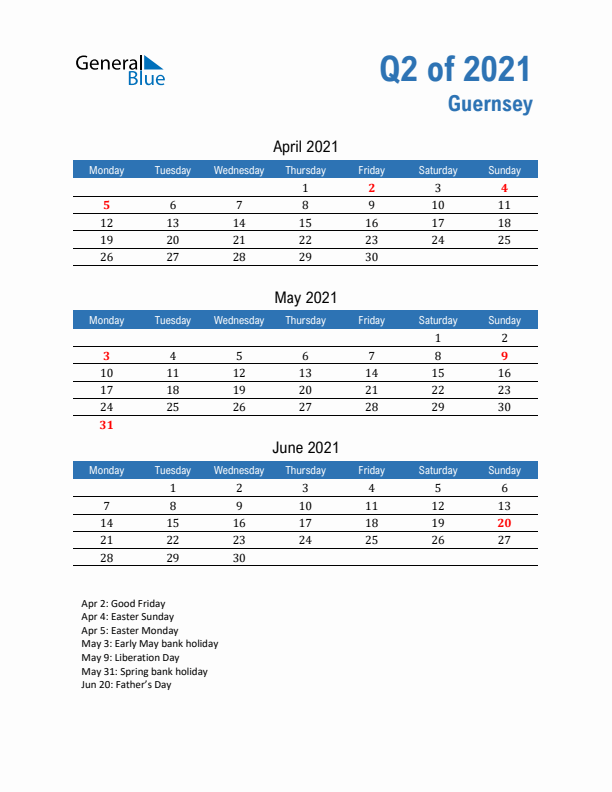 Guernsey 2021 Quarterly Calendar with Monday Start