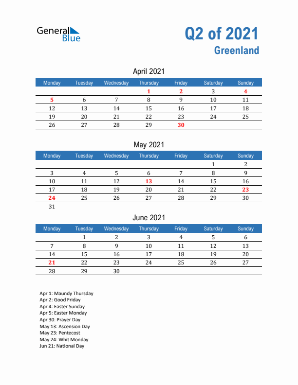 Greenland 2021 Quarterly Calendar with Monday Start