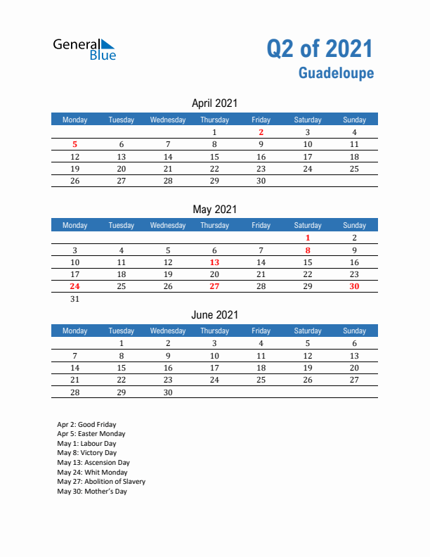 Guadeloupe 2021 Quarterly Calendar with Monday Start