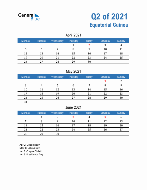 Equatorial Guinea 2021 Quarterly Calendar with Monday Start