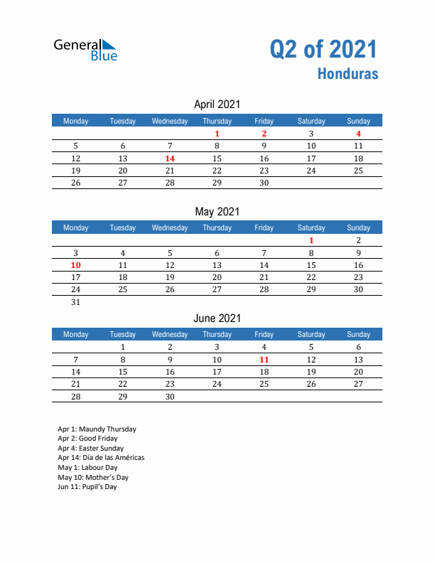 Honduras 2021 Quarterly Calendar with Monday Start