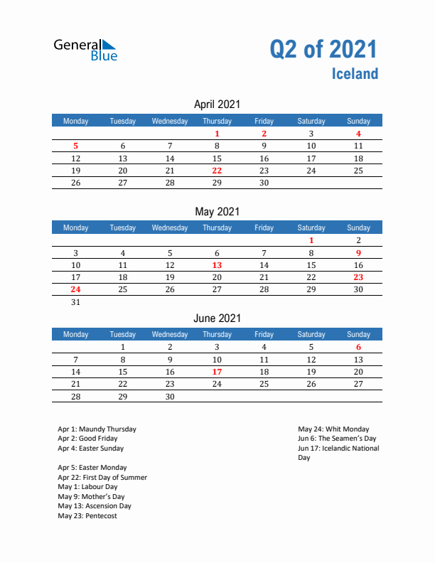 Iceland 2021 Quarterly Calendar with Monday Start