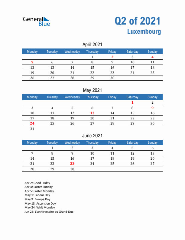 Luxembourg 2021 Quarterly Calendar with Monday Start