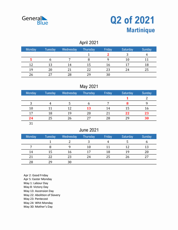 Martinique 2021 Quarterly Calendar with Monday Start