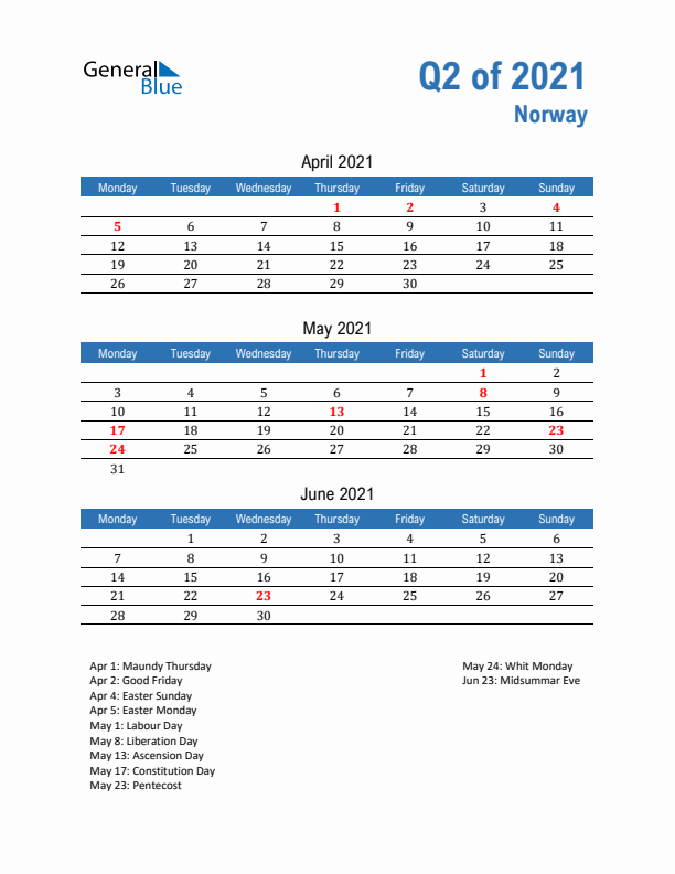Norway 2021 Quarterly Calendar with Monday Start