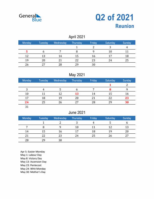 Reunion 2021 Quarterly Calendar with Monday Start