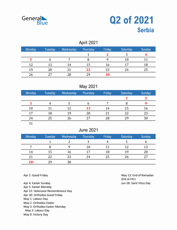 Serbia 2021 Quarterly Calendar with Monday Start