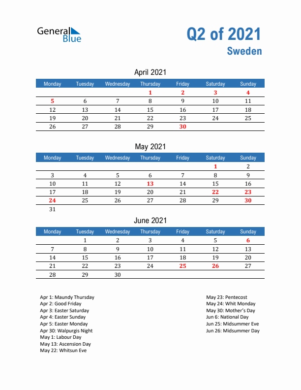 Sweden 2021 Quarterly Calendar with Monday Start
