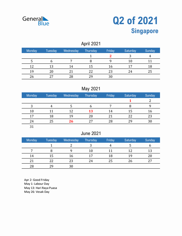 Singapore 2021 Quarterly Calendar with Monday Start