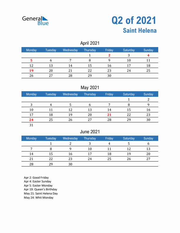 Saint Helena 2021 Quarterly Calendar with Monday Start
