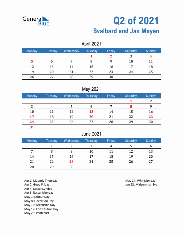 Svalbard and Jan Mayen 2021 Quarterly Calendar with Monday Start