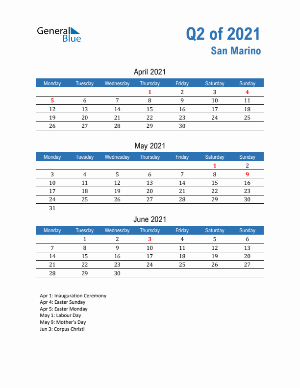 San Marino 2021 Quarterly Calendar with Monday Start