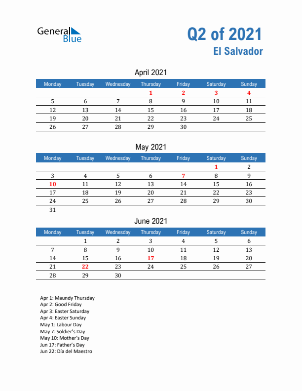 El Salvador 2021 Quarterly Calendar with Monday Start