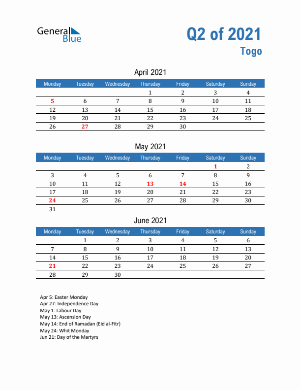 Togo 2021 Quarterly Calendar with Monday Start