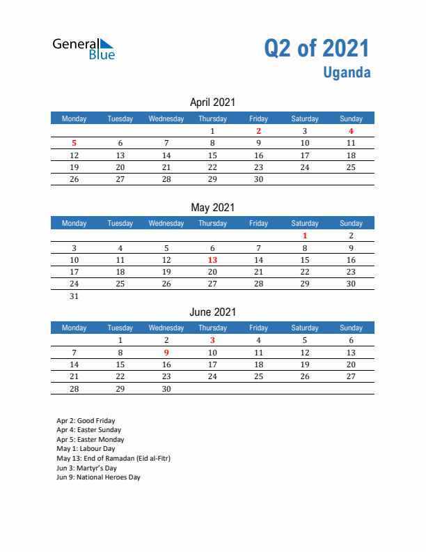 Uganda 2021 Quarterly Calendar with Monday Start