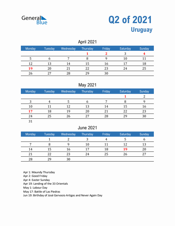 Uruguay 2021 Quarterly Calendar with Monday Start