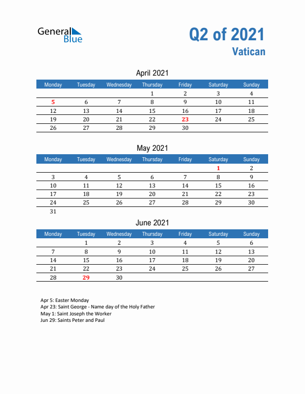 Vatican 2021 Quarterly Calendar with Monday Start