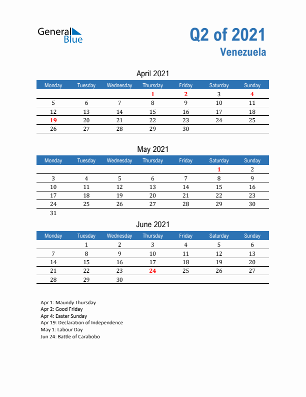 Venezuela 2021 Quarterly Calendar with Monday Start